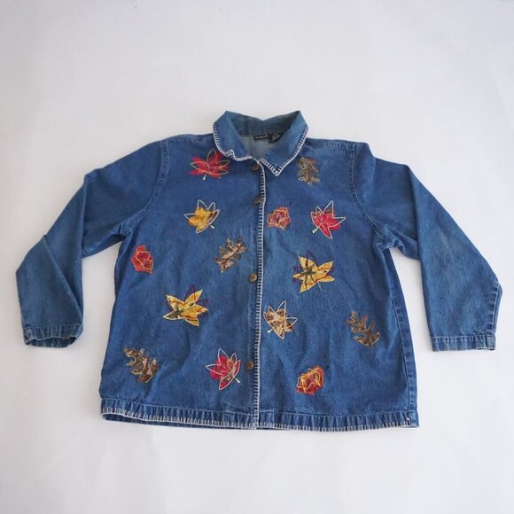 Jackets & Blazers - Vintage Northcrest Blue Denim Leaf Leaves Applique Button Cotton Jacket 18/20
